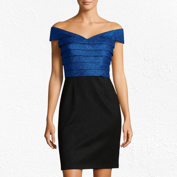 Rene Ruiz Collection Blue Black Off the Shoulder Tiered Ruffle Midi Dress Size 8 - Picture 1 of 13